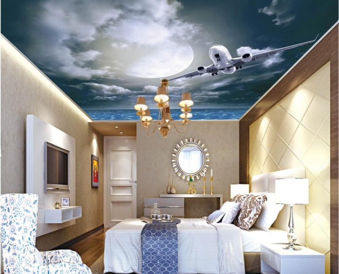 plafond met afbeelding van de lucht en een vliegtuig in de slaapkamer