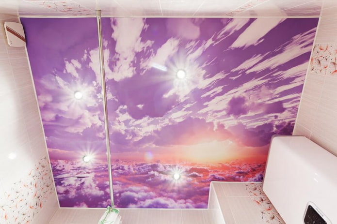 paars spanplafond met fotoprint