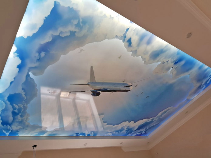 plafond met afbeelding van de lucht en een vliegtuig