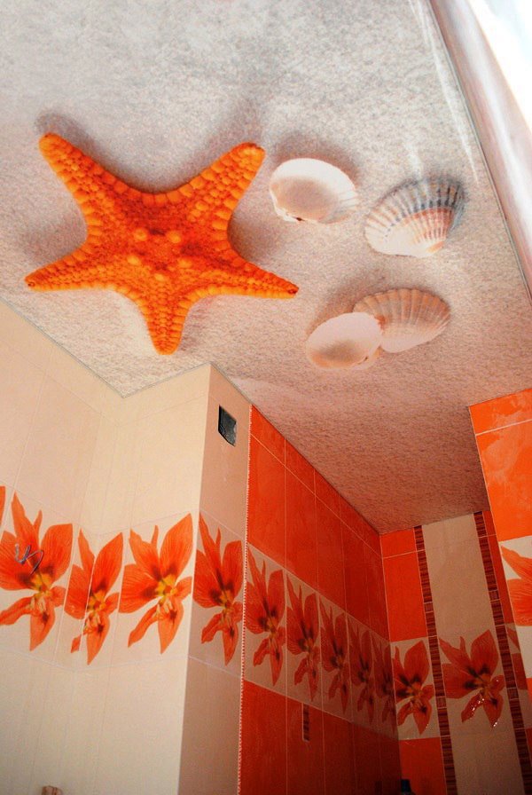 Plafond met afbeelding van strand in de badkamer