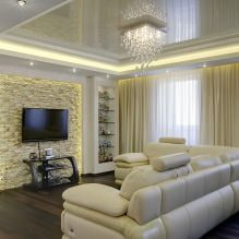 Spanplafonds in de woonkamer: soorten, ontwerp, verlichting, 60 foto's in het interieur-7