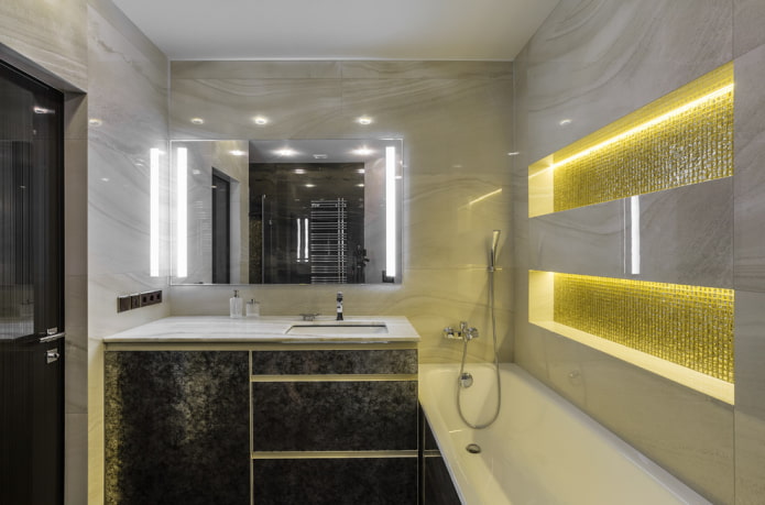 nis met verlichting in het interieur van de badkamer