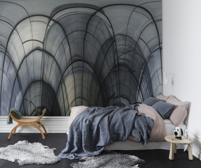 kleine slaapkamer met een minimalistisch design en afwerking met 3D-behang