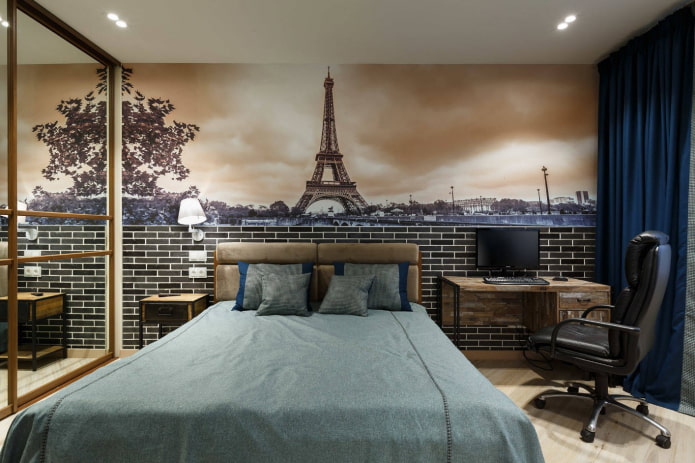 behang met een stad in het interieur van de slaapkamer