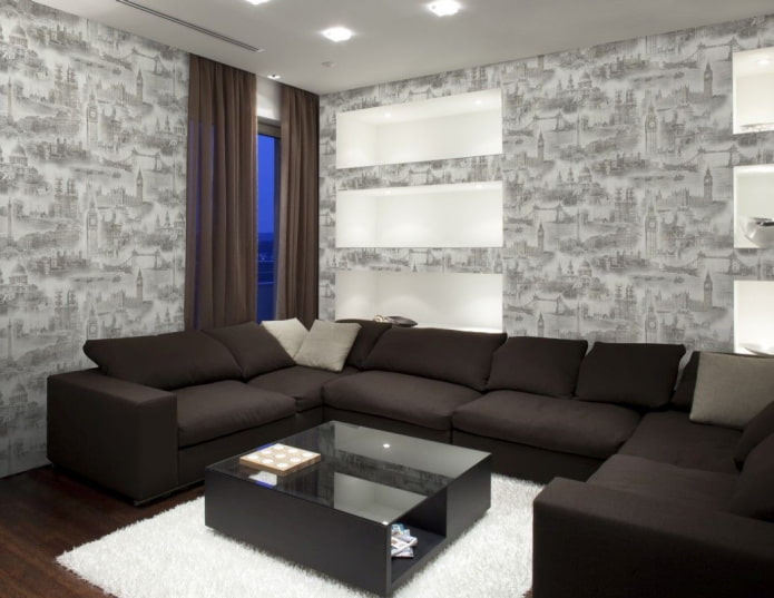 grijs behang met een stadsprint in het interieur
