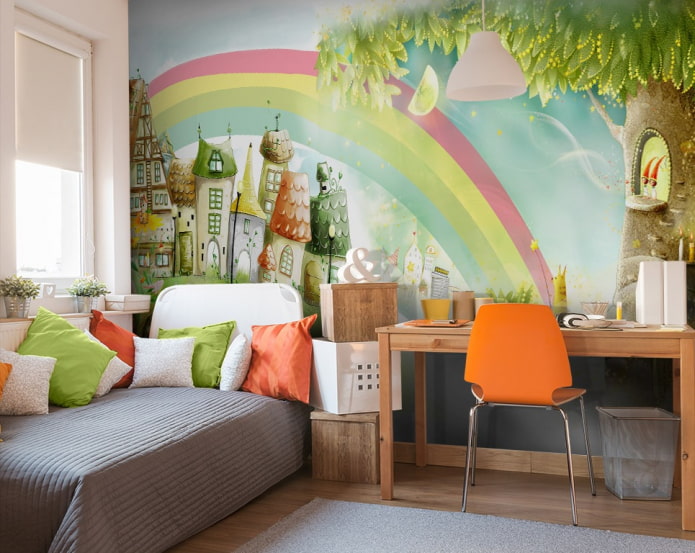 behang met een sprookjesachtige stad in het interieur