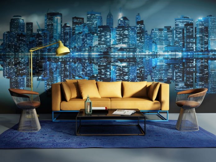 blauw behang met stadsafbeelding