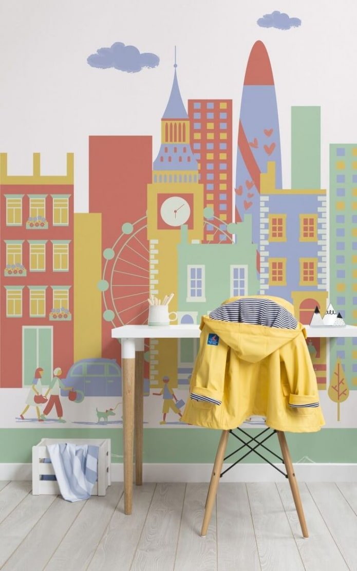 behang met een geschilderde stad in het interieur