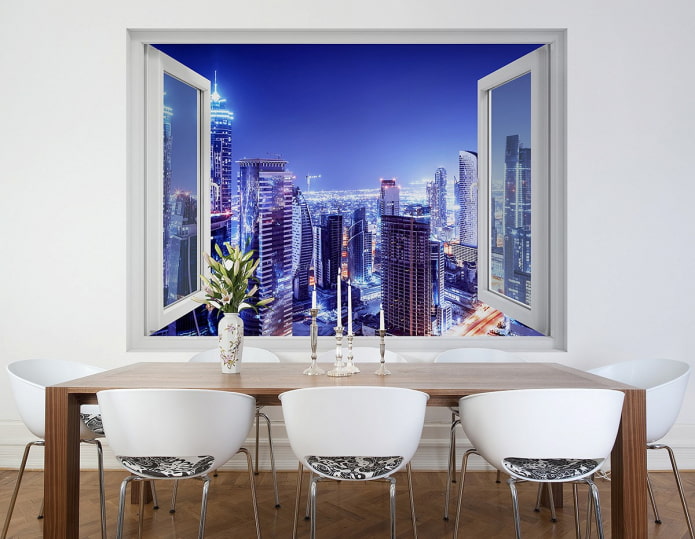 fotobehang met uitzicht op de stad vanuit het raam in de eetkamer