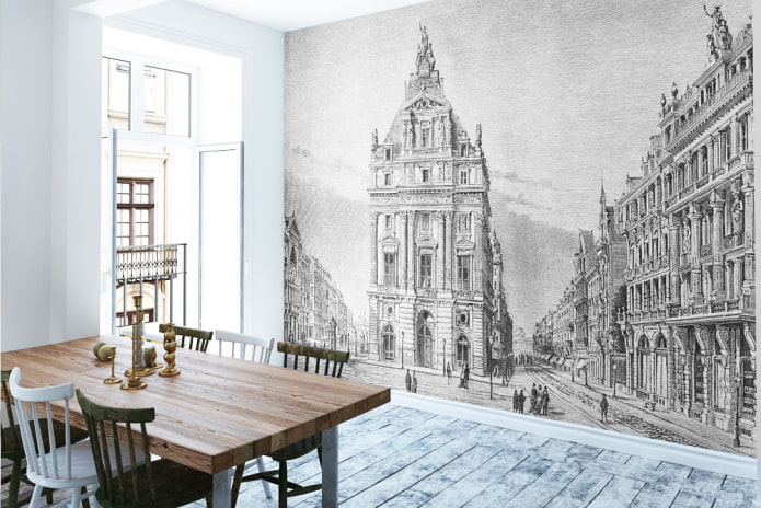 behang met de afbeelding van een oude stad in het interieur van de keuken