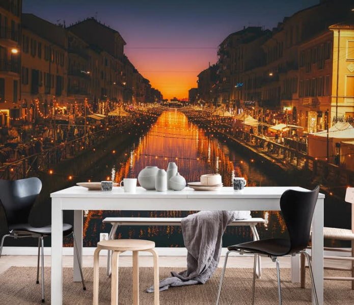 fotobehang met een nachtelijke stad in het interieur