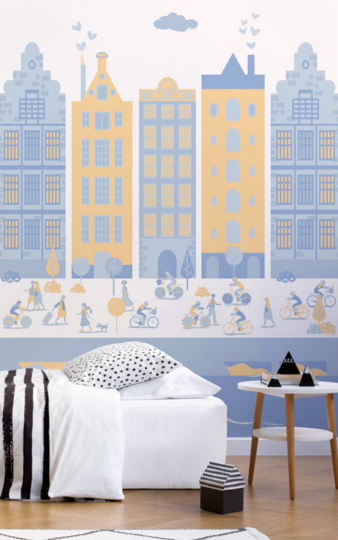 behang met een geschilderde stad in het interieur