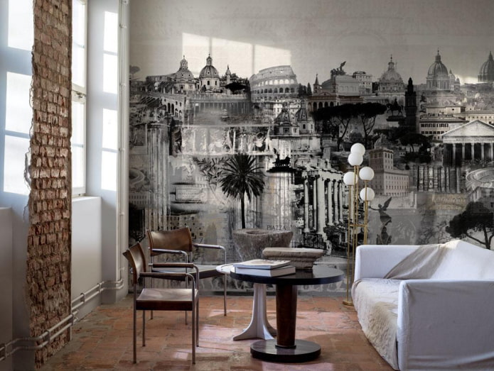 zwart-wit behang met een stad