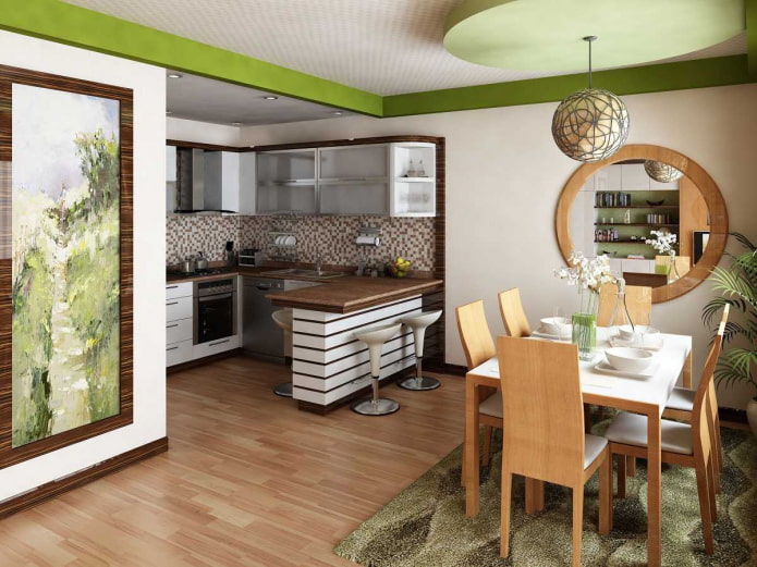 behang aan het plafond in het interieur van de keuken-woonkamer