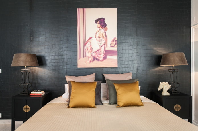 leren behang in het interieur van de slaapkamer