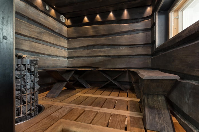 gebrande plank zonder rand in het interieur van de sauna