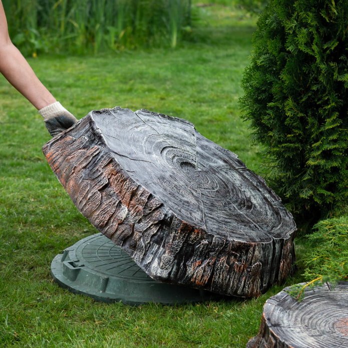 septic tank luik decoratie met neppe boomstronk