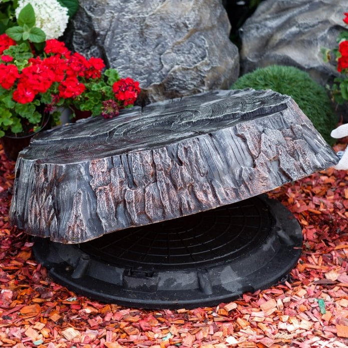 septic tank decor met neppe boomstronk en bloemen