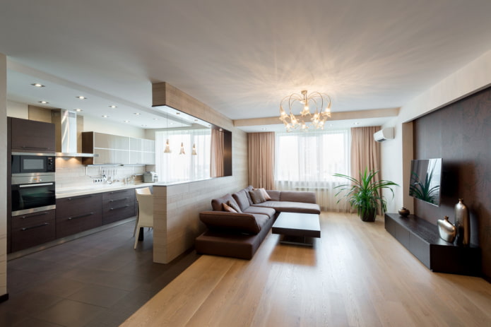 hoofdverlichting in het interieur van de keuken-woonkamer