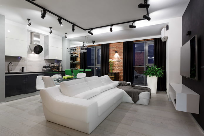 functioneel licht in het interieur van de keuken-woonkamer