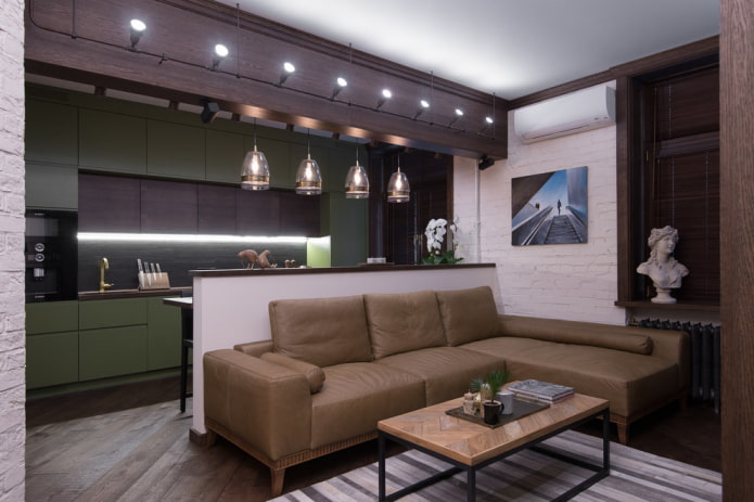 organisatie van licht in het interieur van de keuken-woonkamer