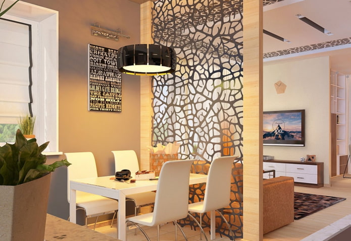 gesneden scheidingswand in het interieur van de keuken-woonkamer