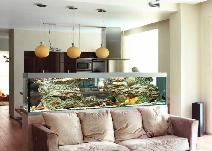 scheidingswand met aquarium in de keuken-woonkamer
