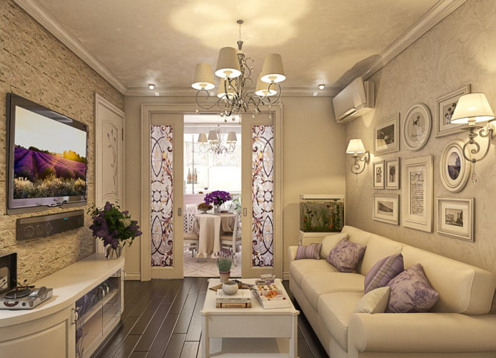 glas-in-lood scheidingswand in het interieur van de keuken-woonkamer