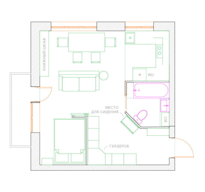 herontwikkeling van een eenkamerappartement in een Chroesjtsjovisch gebouw