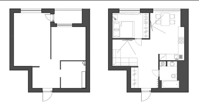 herontwikkeling van een eenkamerappartement in een Chroesjtsjovisch gebouw