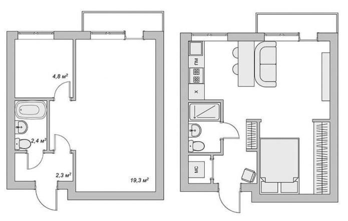 herontwikkeling van een eenkamerappartement in een Chroesjtsjovisch gebouw