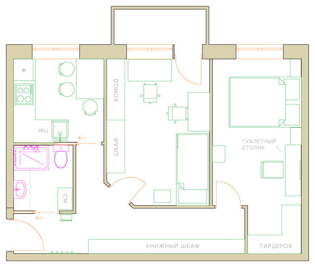 herontwikkeling van een tweekamerappartement in een Chroesjtsjovisch gebouw
