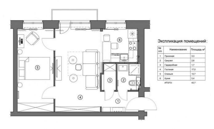 herontwikkeling van een tweekamerappartement in een Chroesjtsjovisch gebouw