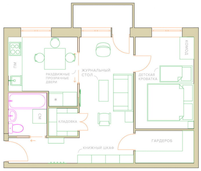herontwikkeling van een tweekamerappartement in een Chroesjtsjovisch gebouw