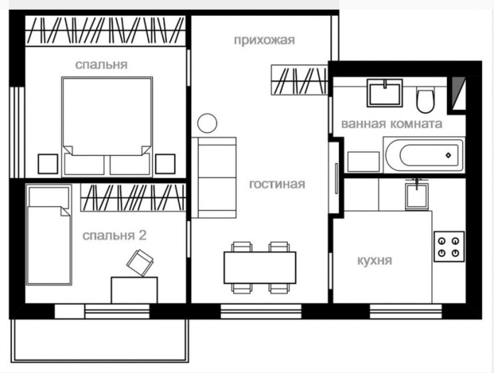 herontwikkeling van een tweekamerappartement in Chroesjtsjovka