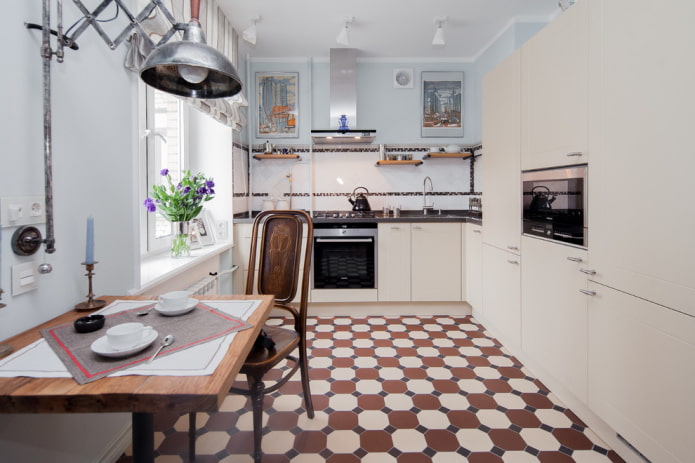 matte vloertegels in het keukeninterieur