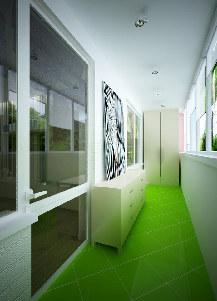 groene tegels op de vloer in het balkoninterieur