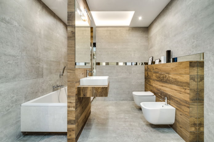 Combinatie van houten tegels met beton in het badkamerinterieur