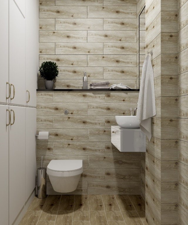 houten tegeldesign in het badkamerinterieur