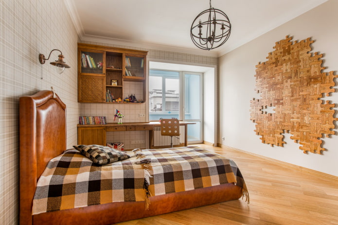 bed met geruite sprei in de slaapkamer