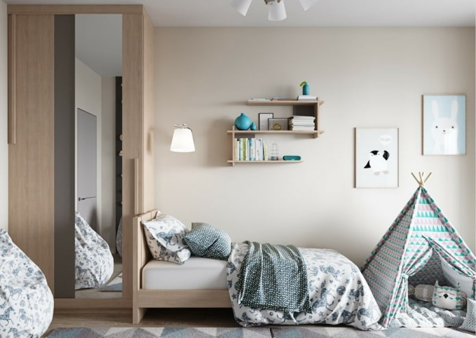 planken boven het bed in het interieur van de kinderkamer