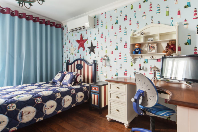 planken in de kinderkamer in nautische stijl