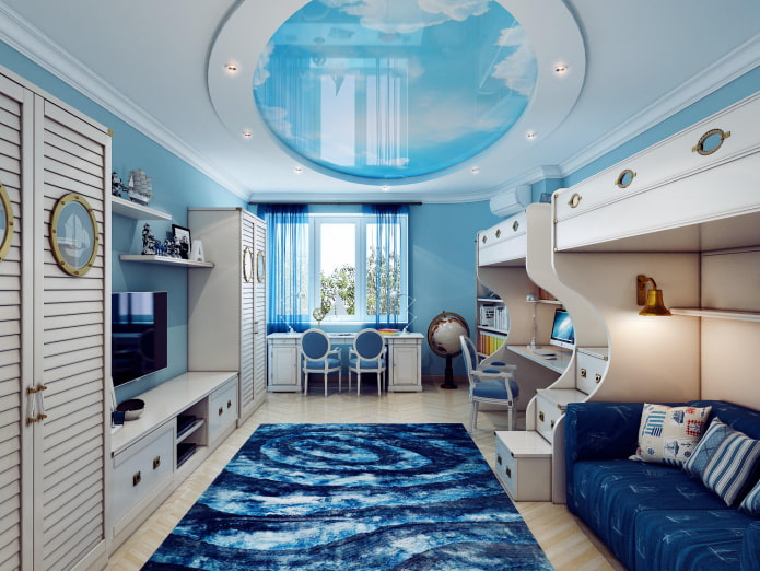 plafondstructuur in een kinderkamer in nautische stijl