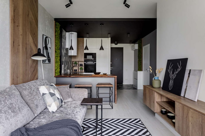 plafondzonering in het interieur van de keuken-woonkamer