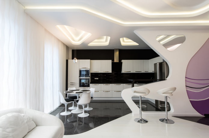 gipsplaten plafond in het interieur van de woonkeuken