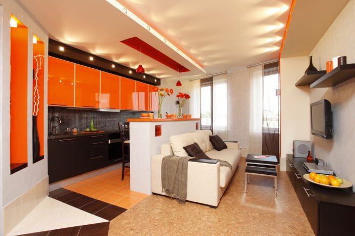 gipsplaten plafond in het interieur van de woonkeuken