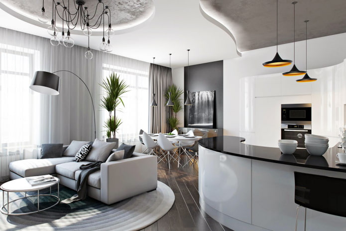 plafondontwerp in het interieur van de keuken-woonkamer
