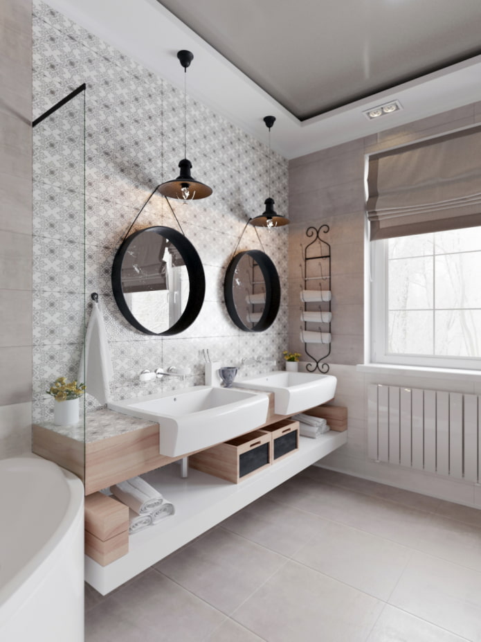 plafond met twee niveaus in het interieur van de badkamer