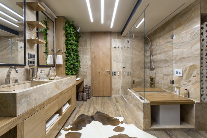 plafondontwerp in een badkamer in ecostijl