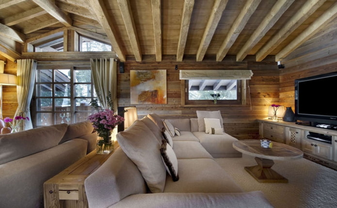 interieur van een woonkamer van onbehandeld hout